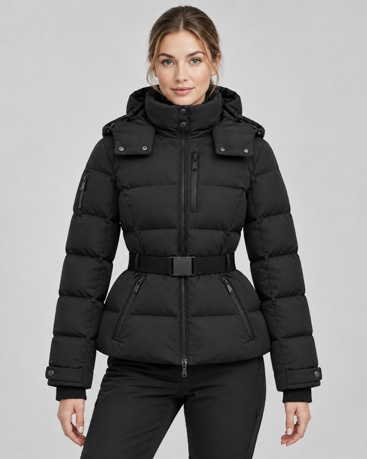 Women's Puffer Jacket - Hooded Belted Winter Coat Fitted Waist