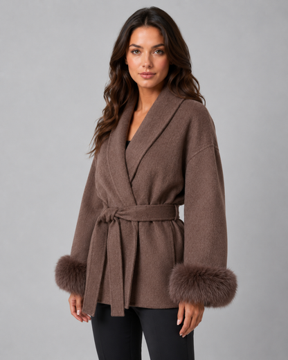Women's Wrap Coat - Belted Shawl Collar with Faux Fur Cuffs