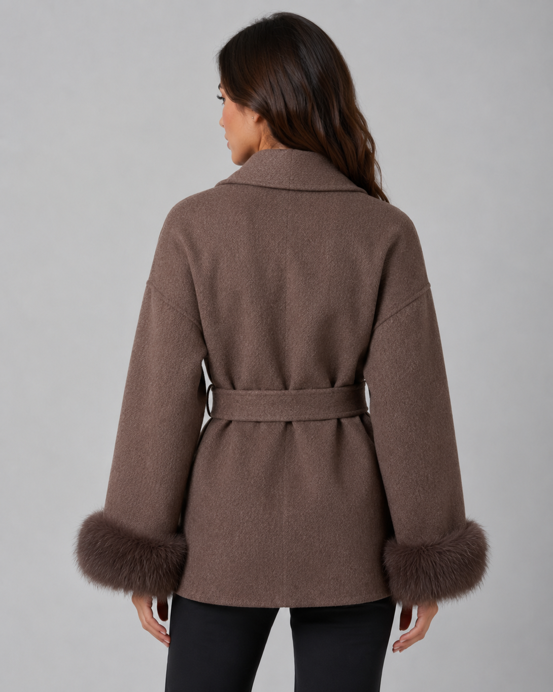 Women's Wrap Coat - Belted Shawl Collar with Faux Fur Cuffs
