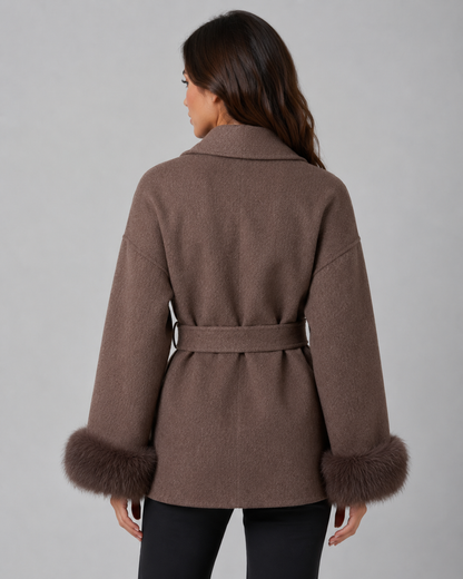 Women's Wrap Coat - Belted Shawl Collar with Faux Fur Cuffs