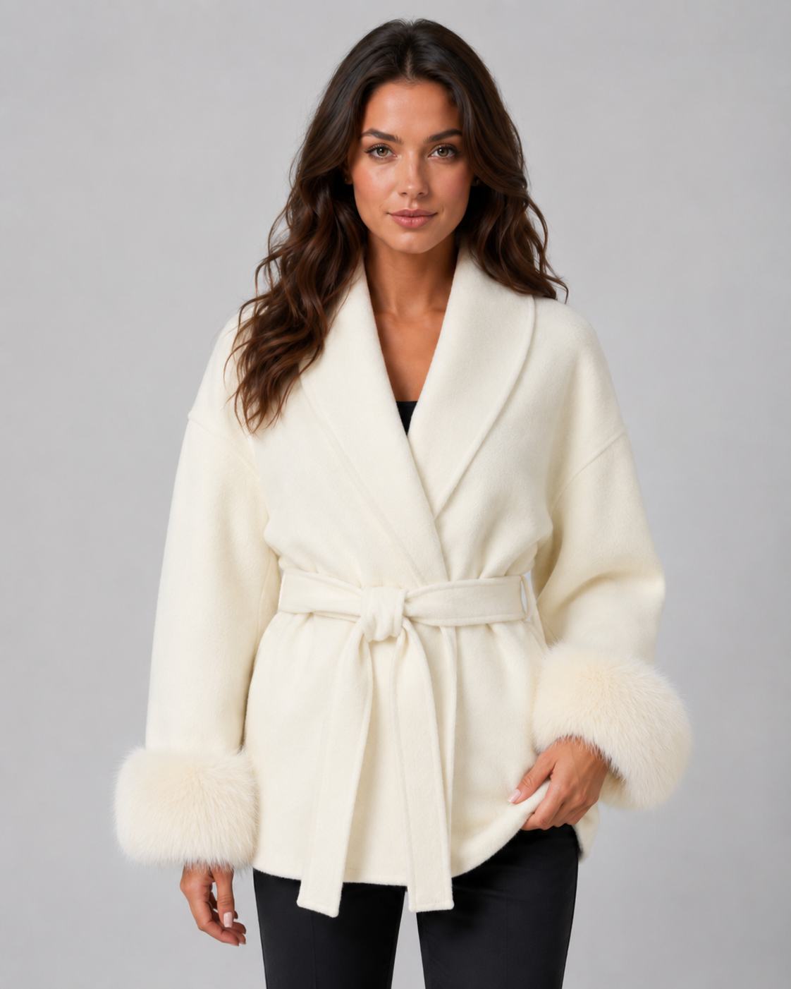 Women's Wrap Coat - Belted Shawl Collar with Faux Fur Cuffs