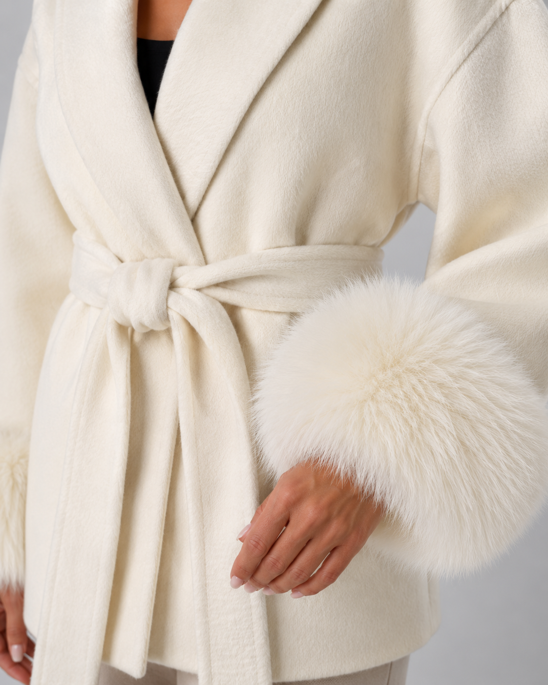 Women's Wrap Coat - Belted Shawl Collar with Faux Fur Cuffs