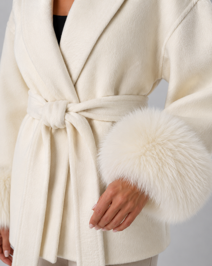 Women's Wrap Coat - Belted Shawl Collar with Faux Fur Cuffs