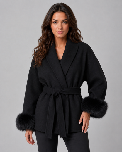 Women's Wrap Coat - Belted Shawl Collar with Faux Fur Cuffs