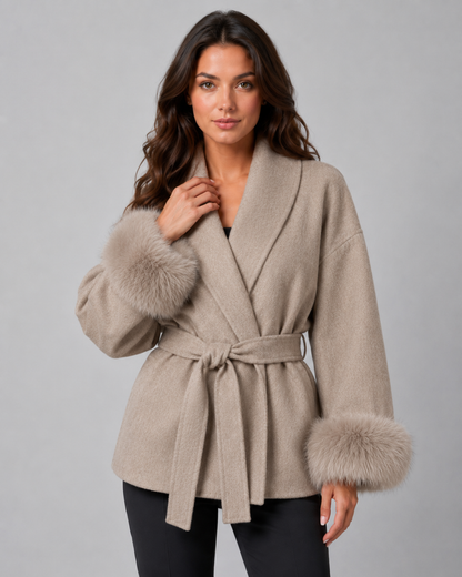 Women's Wrap Coat - Belted Shawl Collar with Faux Fur Cuffs