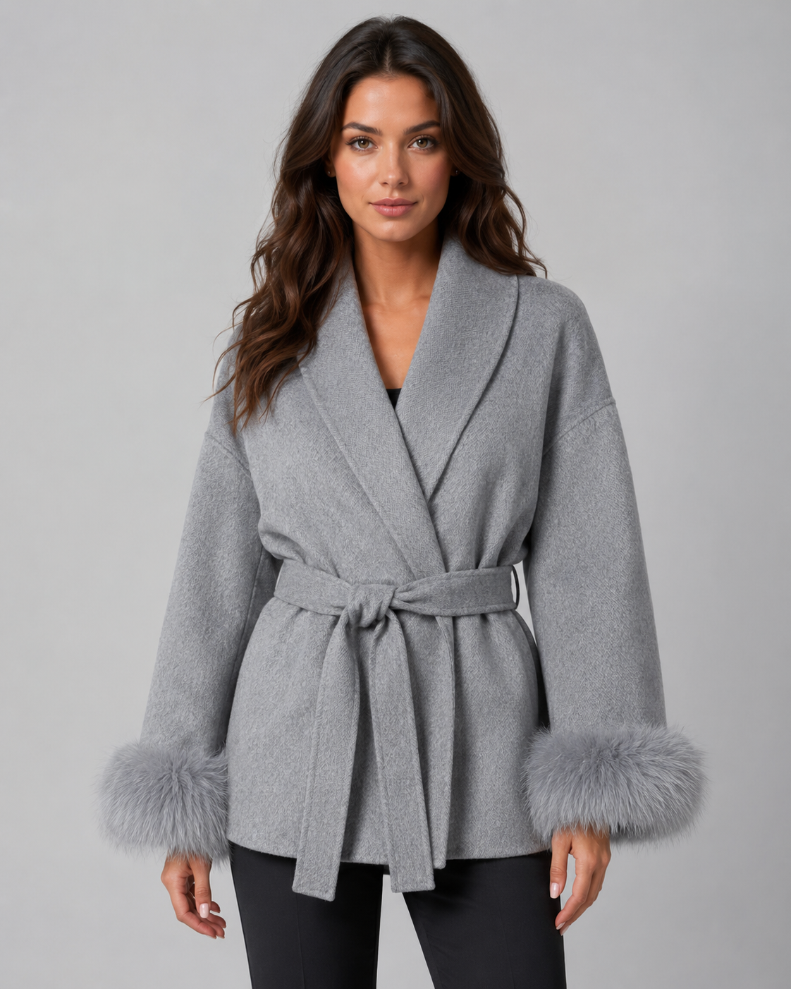 Women's Wrap Coat - Belted Shawl Collar with Faux Fur Cuffs