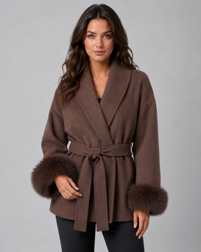 Women's Wrap Coat - Belted Shawl Collar with Faux Fur Cuffs