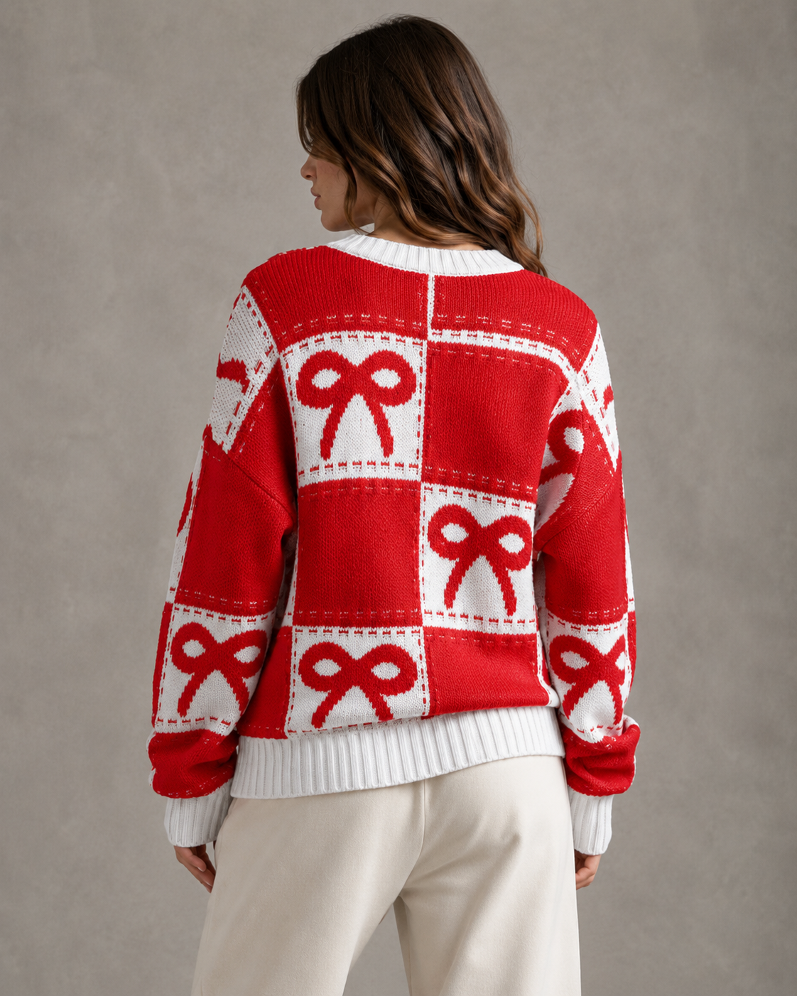 Women's Knit Sweater - Bow Print Checkerboard Pattern