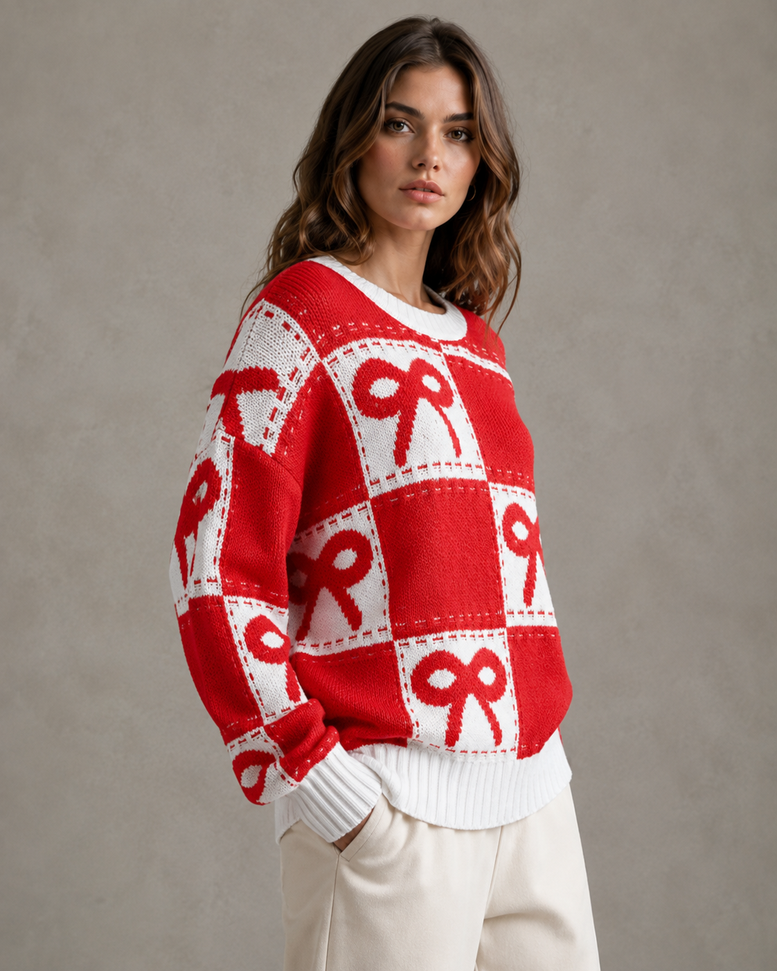 Women's Knit Sweater - Bow Print Checkerboard Pattern