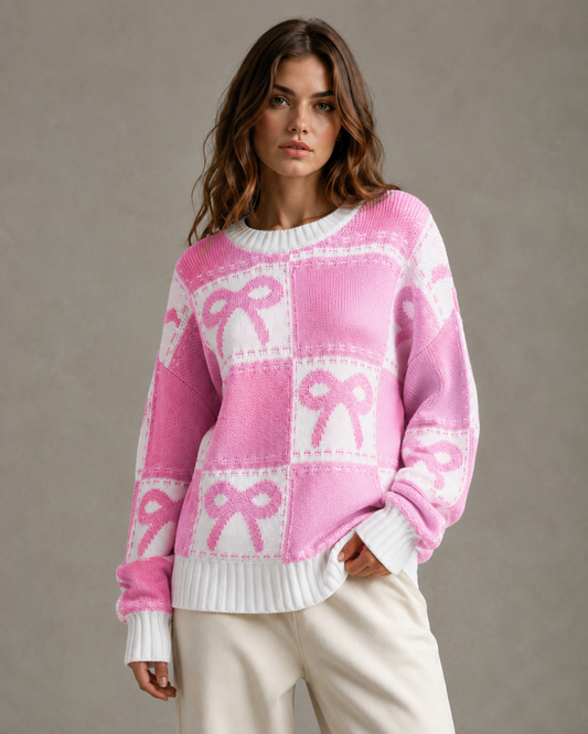 Women's Knit Sweater - Bow Print Checkerboard Pattern