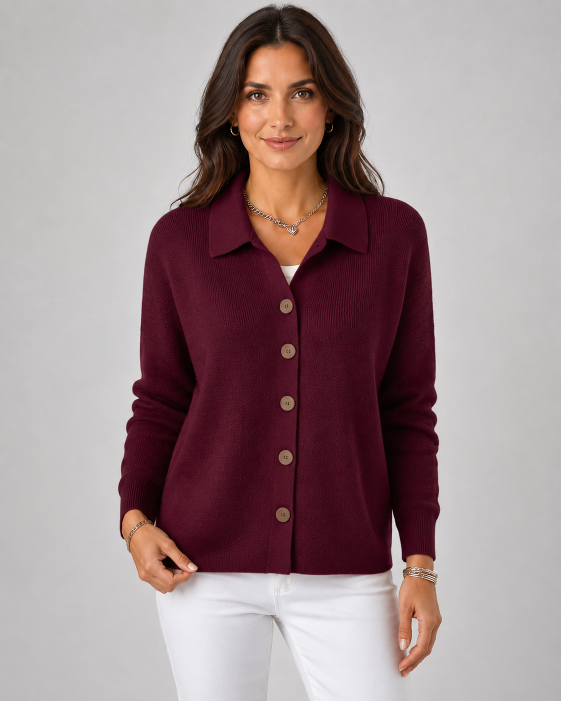 Women's Knit Cardigan - Button Front Collared Sweater