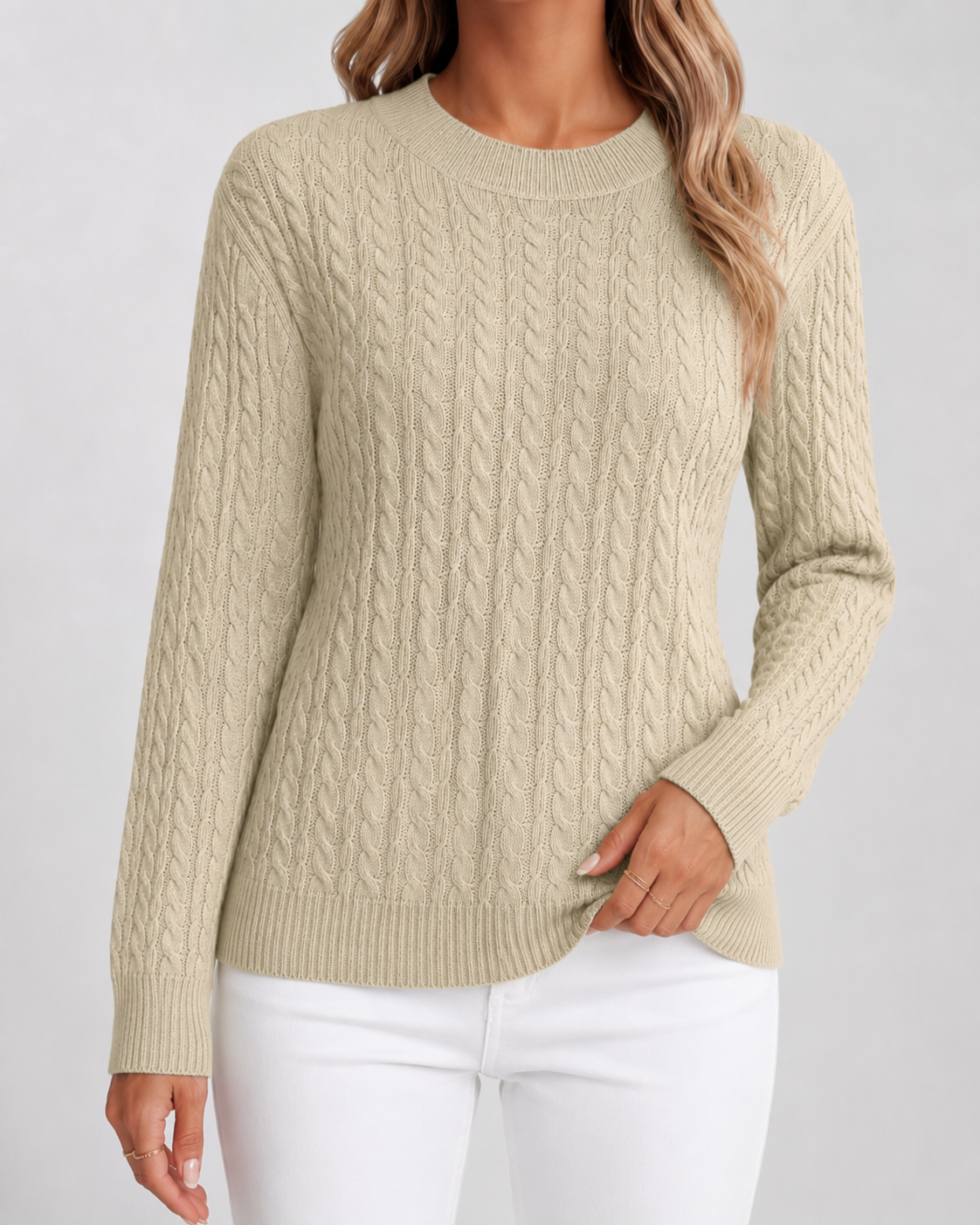 Women's Cable Knit Sweater - Crew Neck Long Sleeve
