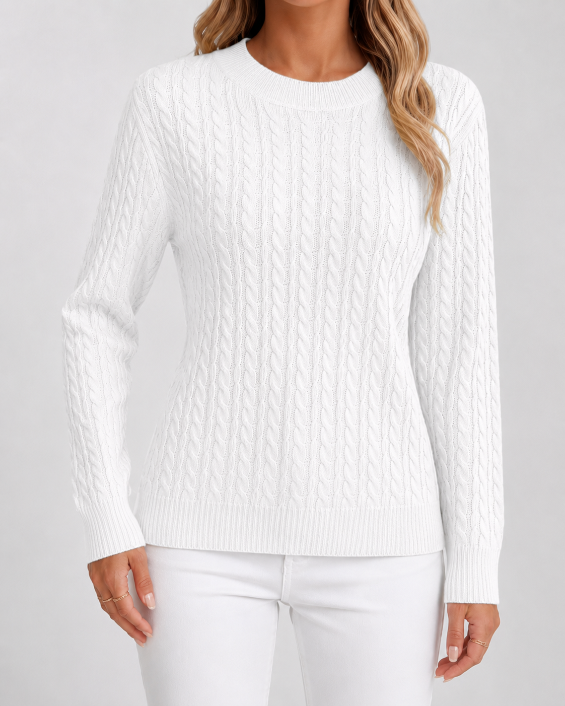 Women's Cable Knit Sweater - Crew Neck Long Sleeve