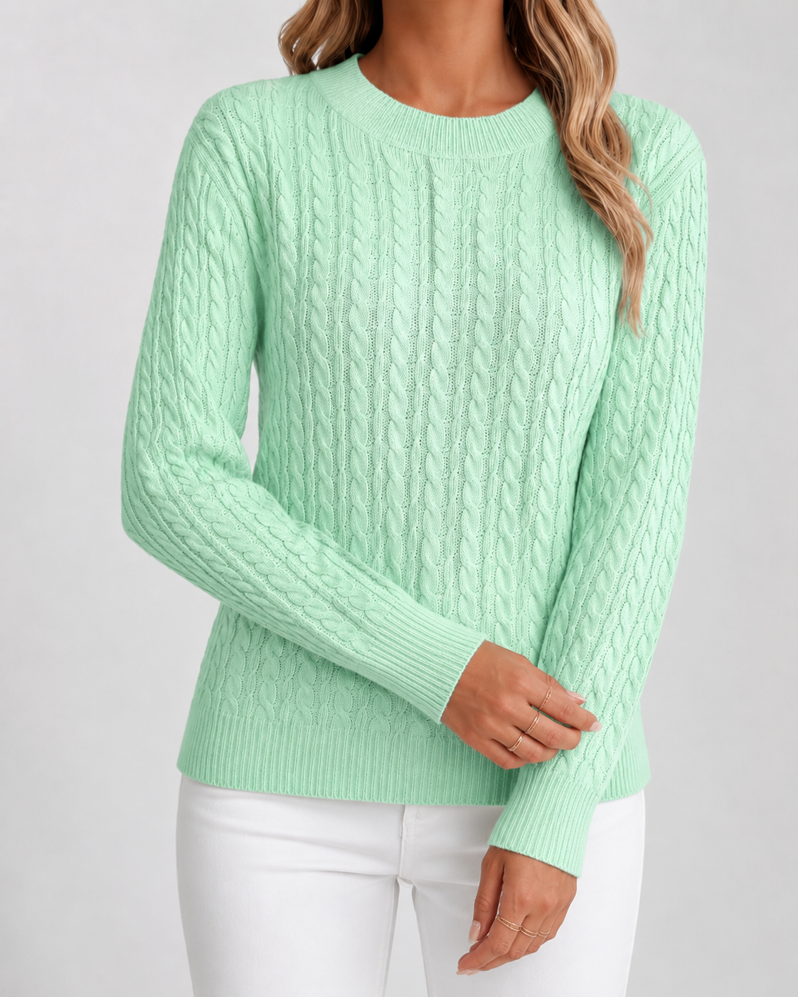 Women's Cable Knit Sweater - Crew Neck Long Sleeve
