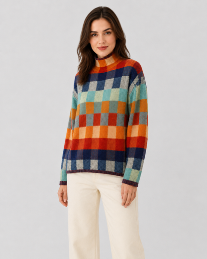 Women's Turtleneck Sweater - Check Knit Long Sleeve