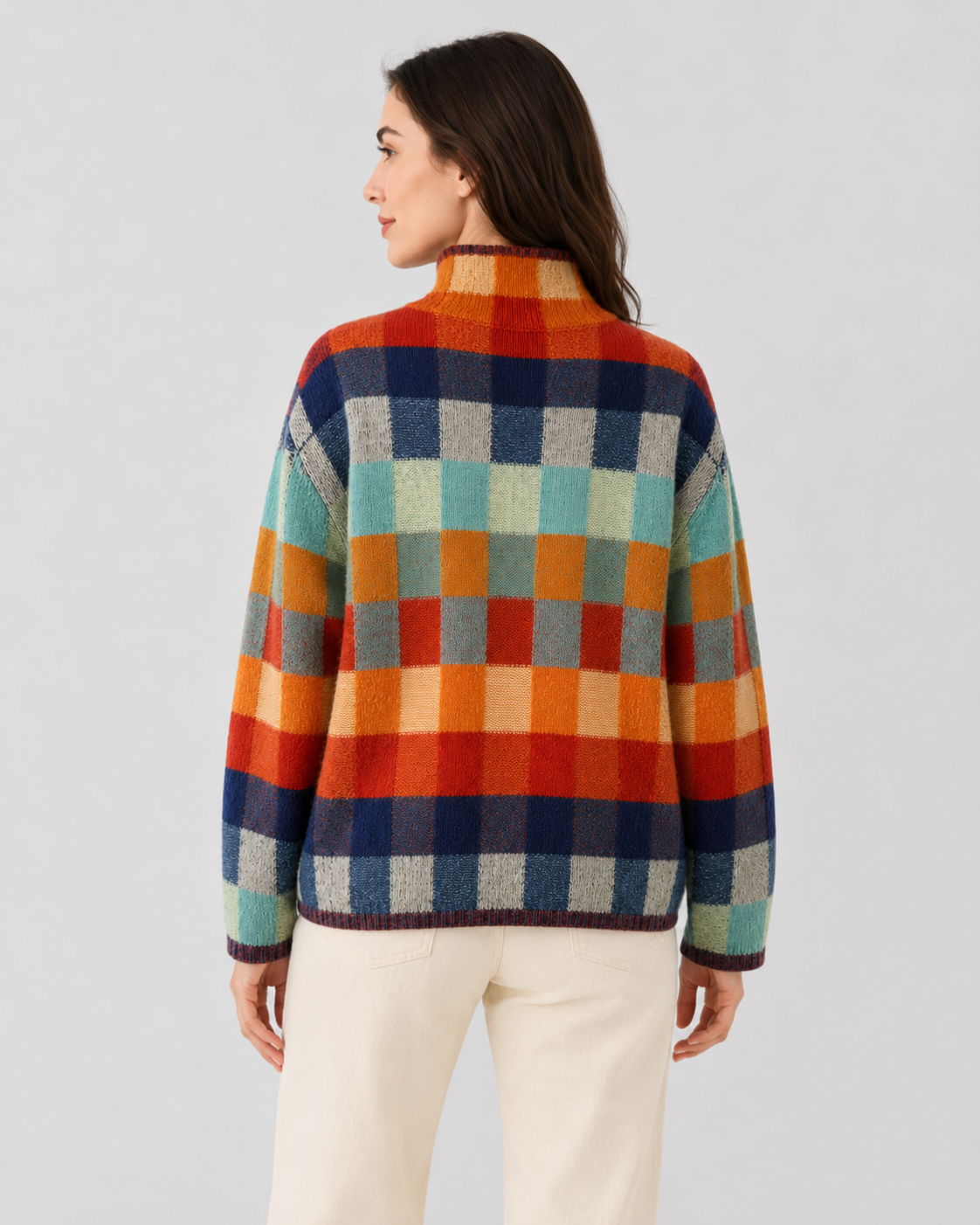 Women's Turtleneck Sweater - Check Knit Long Sleeve
