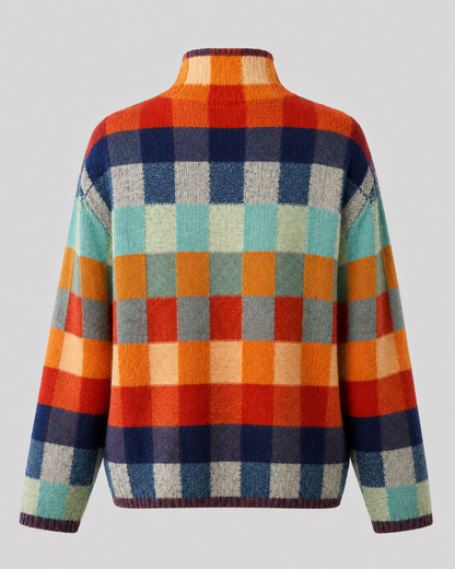Women's Turtleneck Sweater - Check Knit Long Sleeve