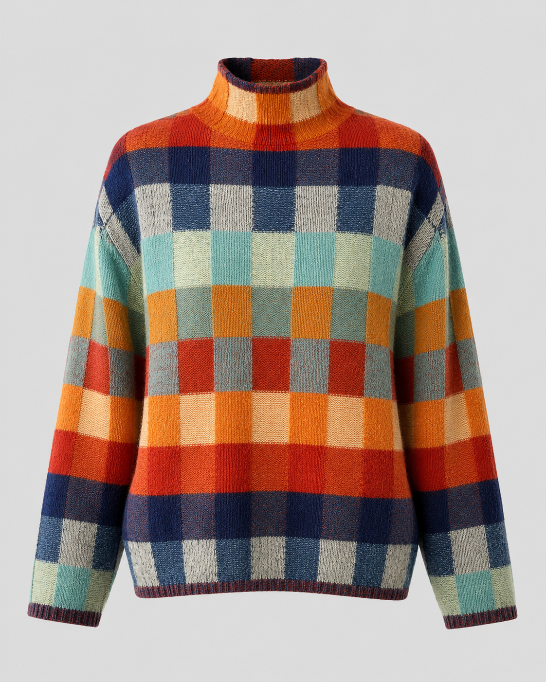 Women's Turtleneck Sweater - Check Knit Long Sleeve