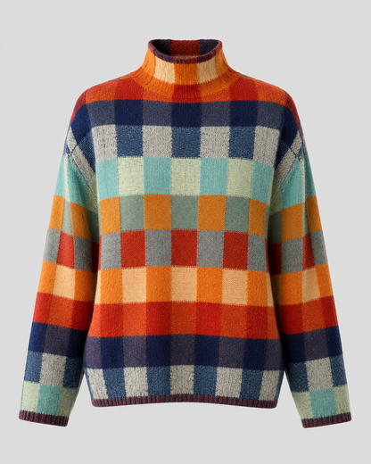 Women's Turtleneck Sweater - Check Knit Long Sleeve