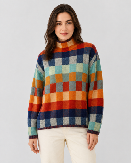 Women's Turtleneck Sweater - Check Knit Long Sleeve