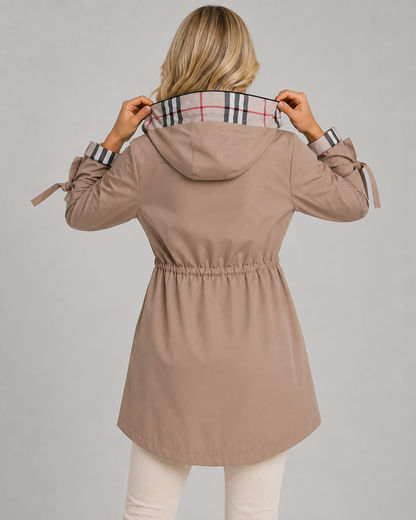 Women's Trench Coat - Hooded Check Lined Adjustable Waist