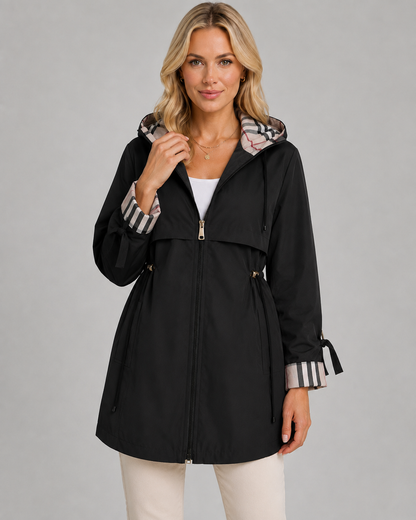 Women's Trench Coat - Hooded Check Lined Adjustable Waist
