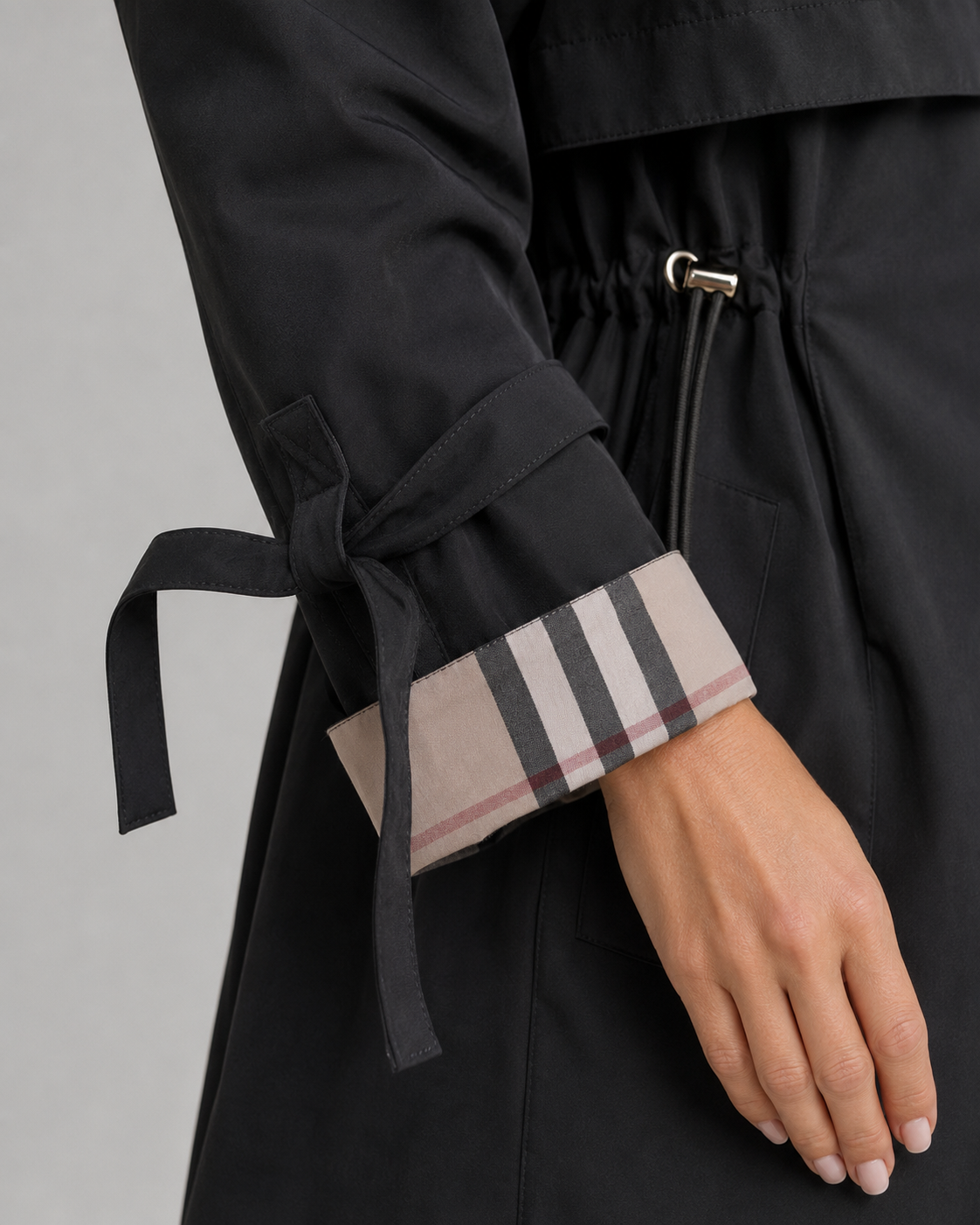Women's Trench Coat - Hooded Check Lined Adjustable Waist
