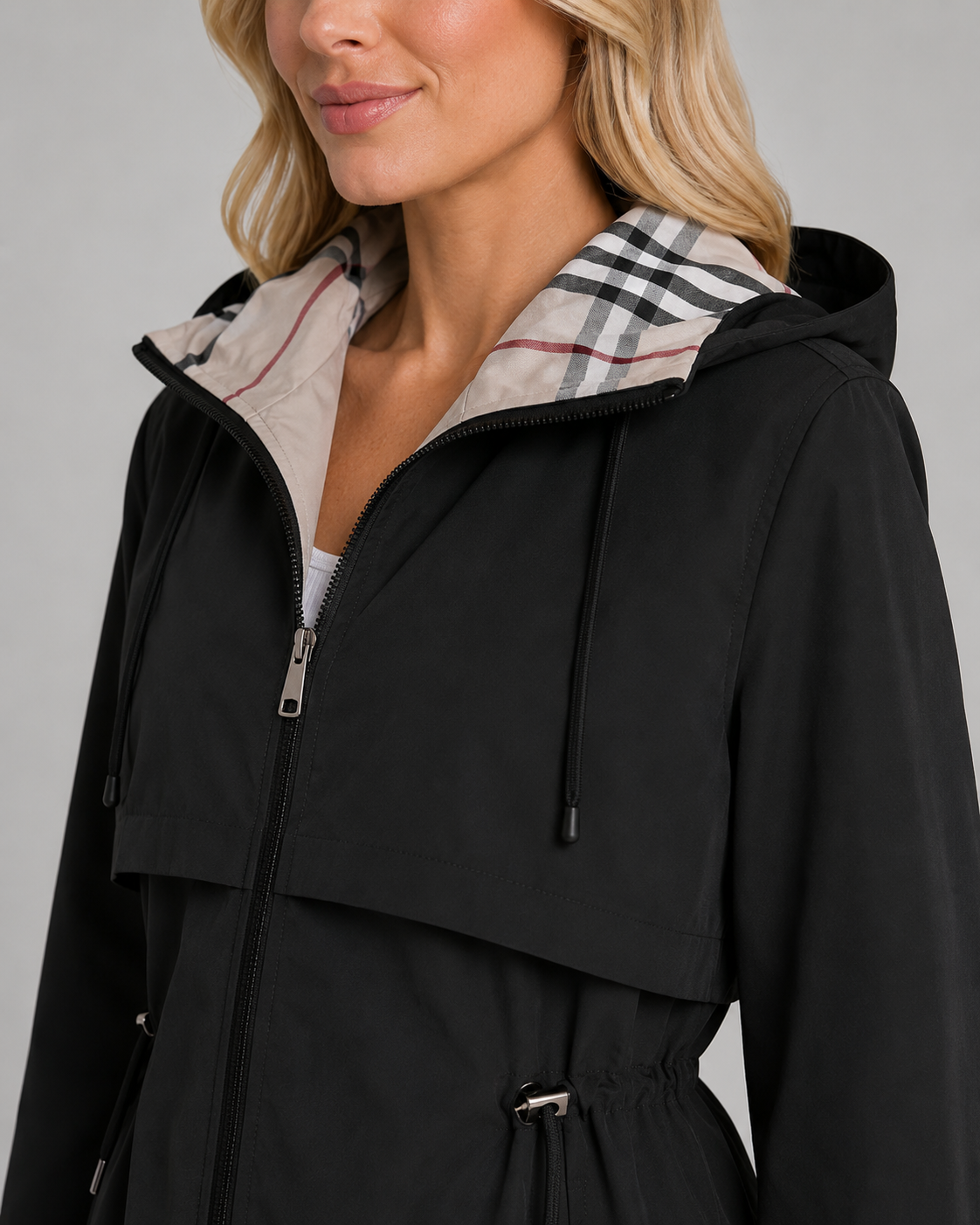 Women's Trench Coat - Hooded Check Lined Adjustable Waist