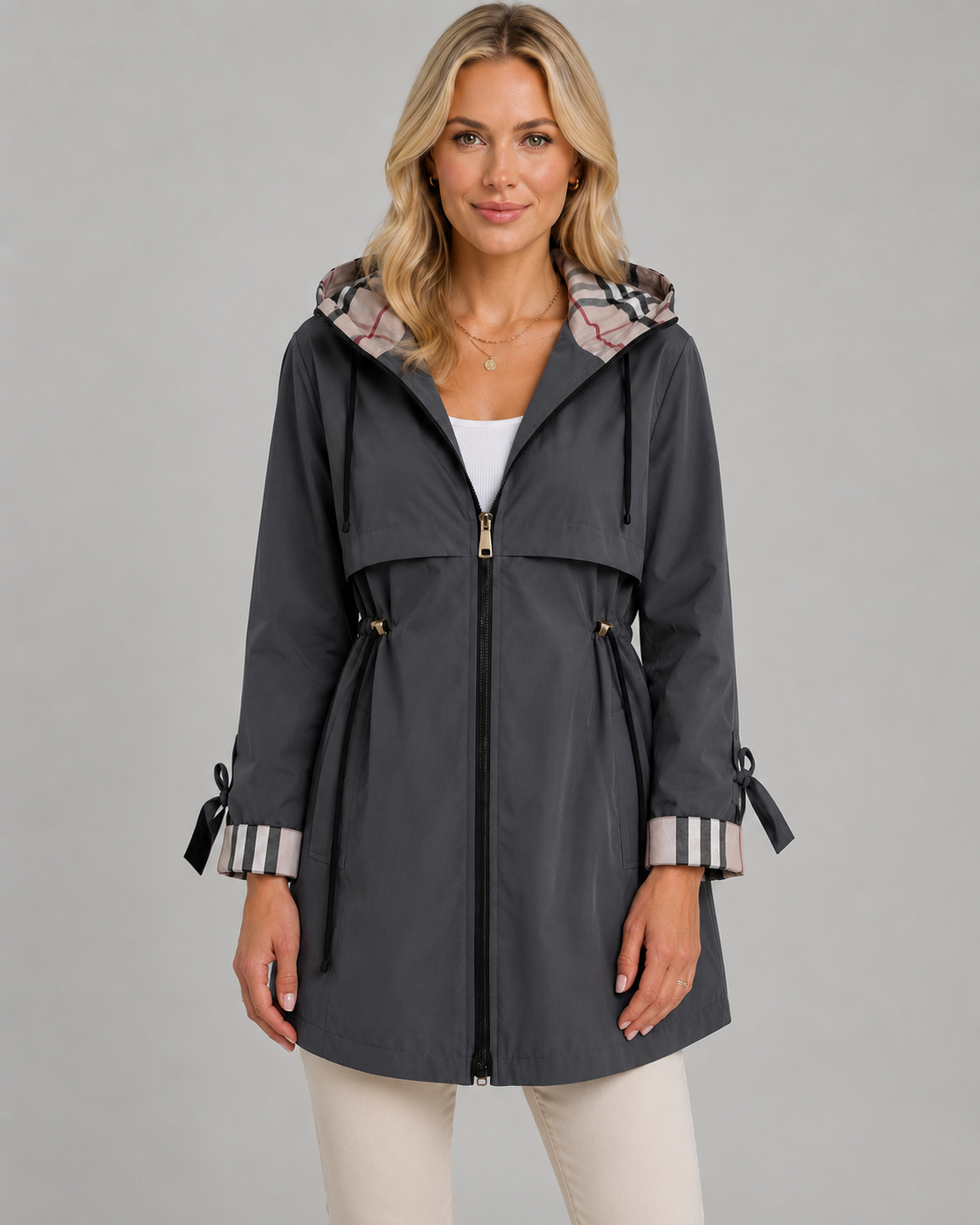 Women's Trench Coat - Hooded Check Lined Adjustable Waist