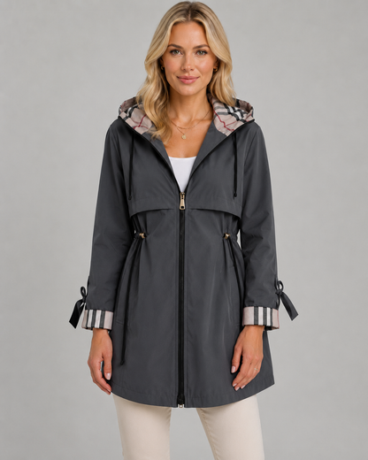 Women's Trench Coat - Hooded Check Lined Adjustable Waist