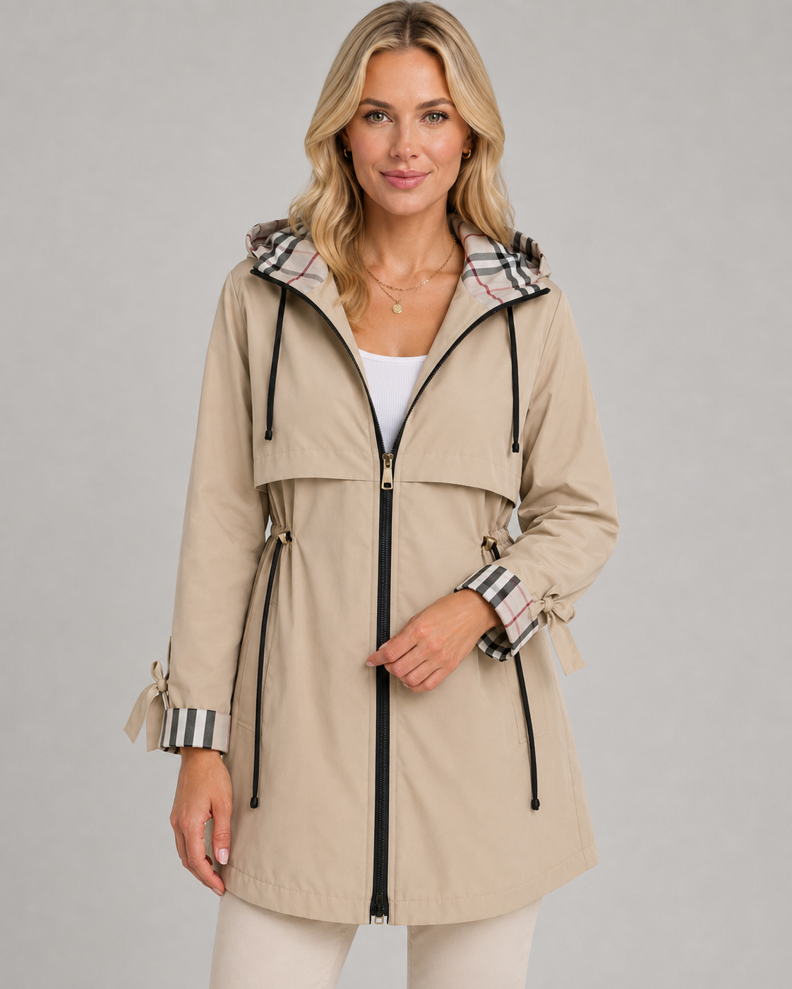 Women's Trench Coat - Hooded Check Lined Adjustable Waist