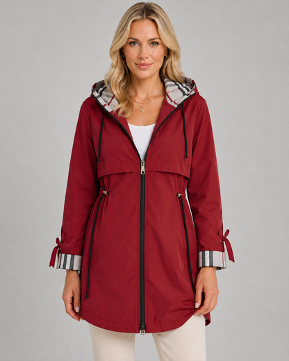 Women's Trench Coat - Hooded Check Lined Adjustable Waist