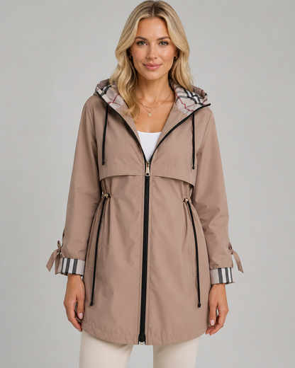 Women's Trench Coat - Hooded Check Lined Adjustable Waist