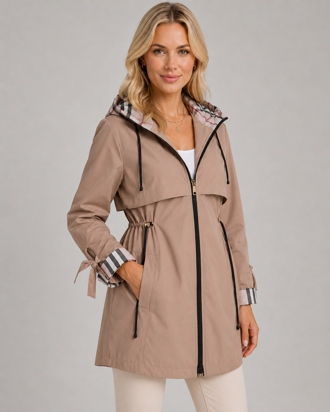 Women's Trench Coat - Hooded Check Lined Adjustable Waist