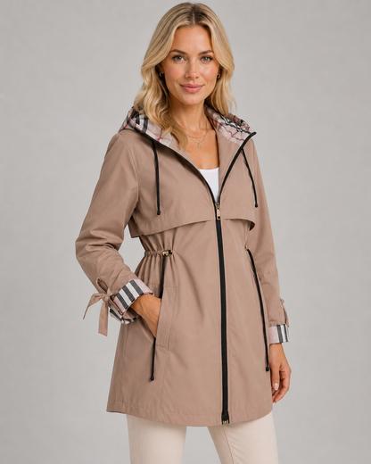 Women's Trench Coat - Hooded Check Lined Adjustable Waist