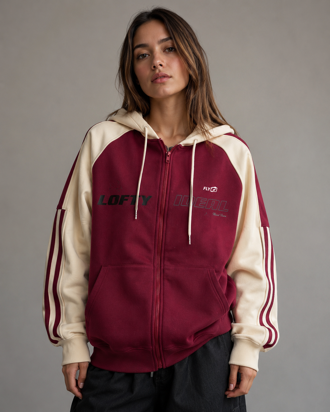 Women's Zip Up Hoodie - Color Block Striped Sleeve