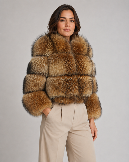 Women's Faux Fur Jacket - Cropped Brown Oversized Collar