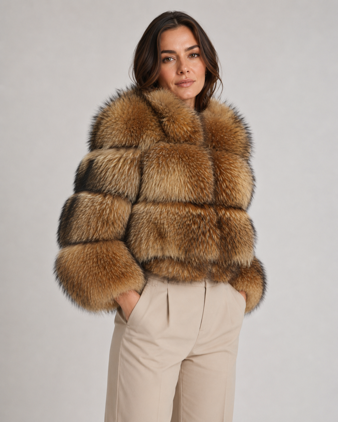 Women's Faux Fur Jacket - Cropped Brown Oversized Collar