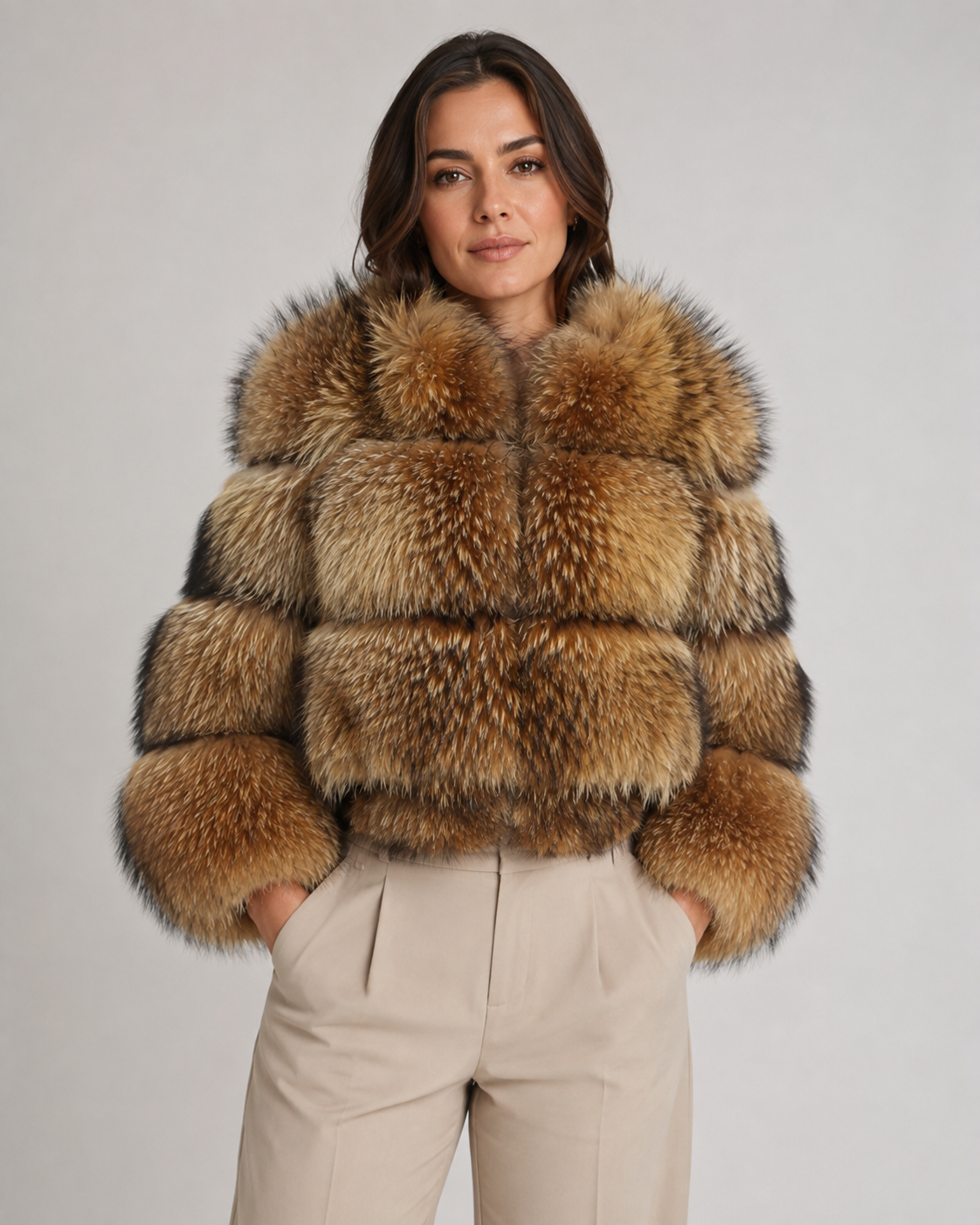 Women's Faux Fur Jacket - Cropped Brown Oversized Collar