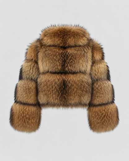 Women's Faux Fur Jacket - Cropped Brown Oversized Collar