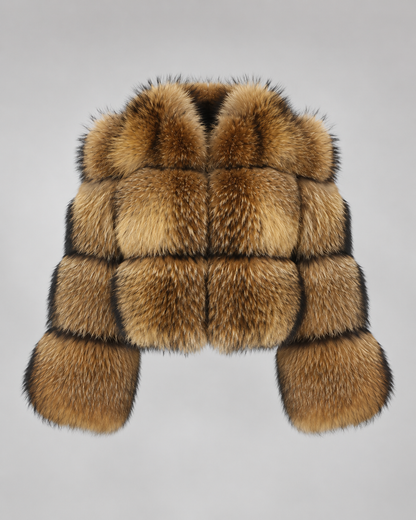 Women's Faux Fur Jacket - Cropped Brown Oversized Collar