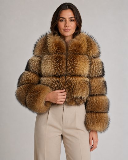 Women's Faux Fur Jacket - Cropped Brown Oversized Collar