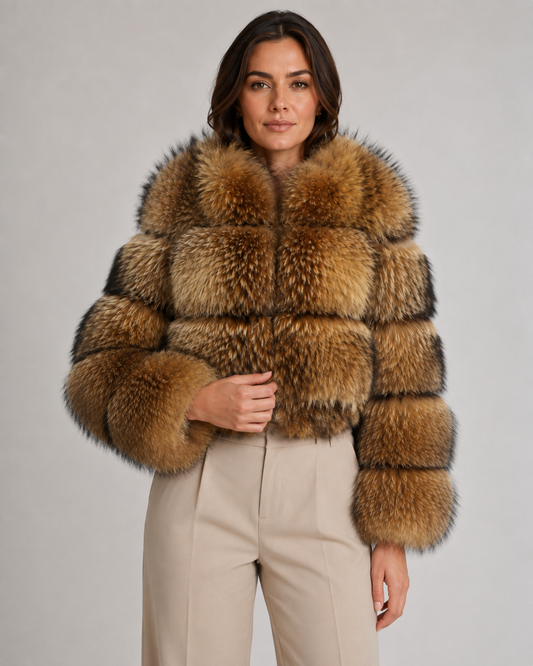 Women's Faux Fur Jacket - Cropped Brown Oversized Collar