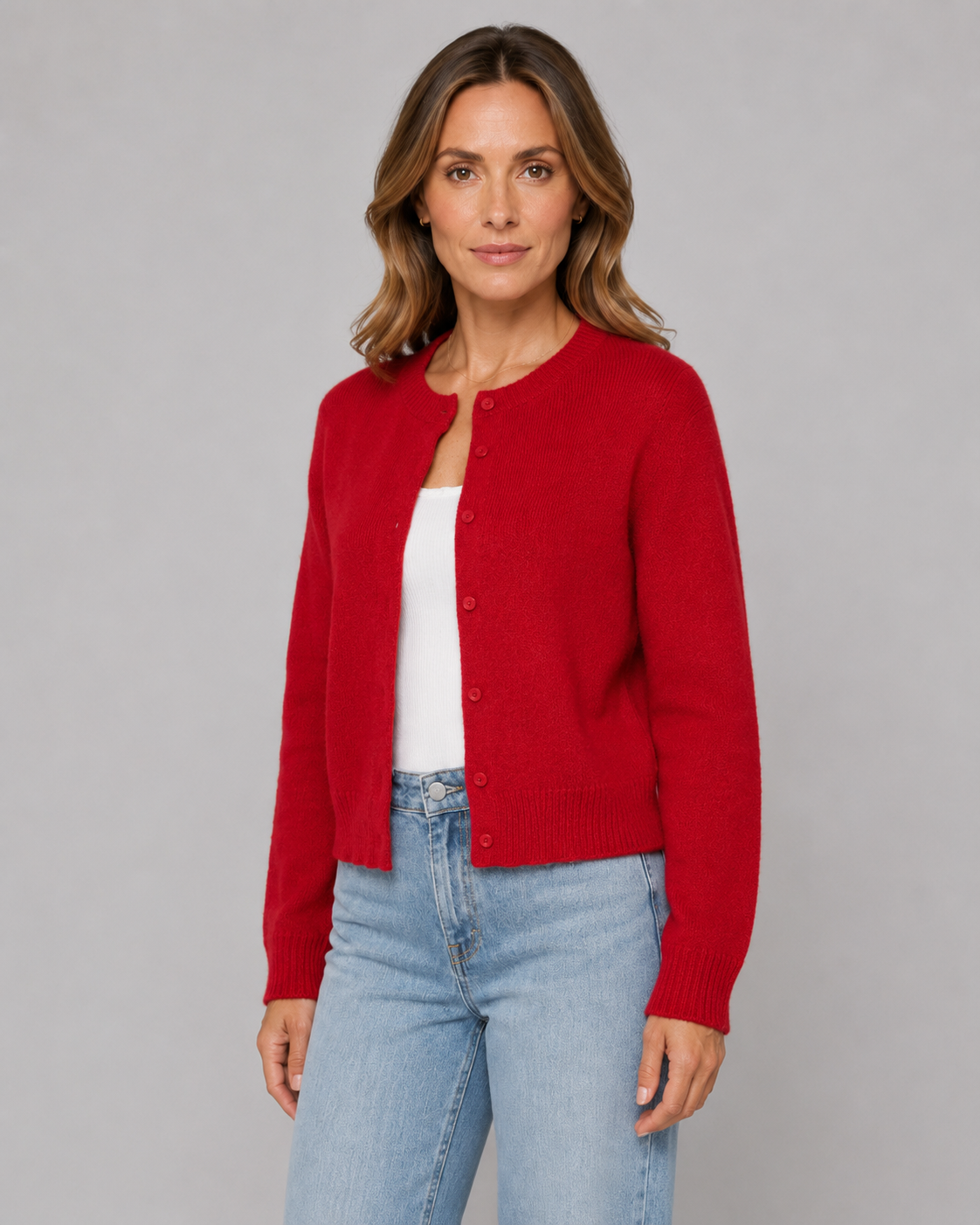 Women's Cropped Cardigan - Button Front Crew Neck Sweater