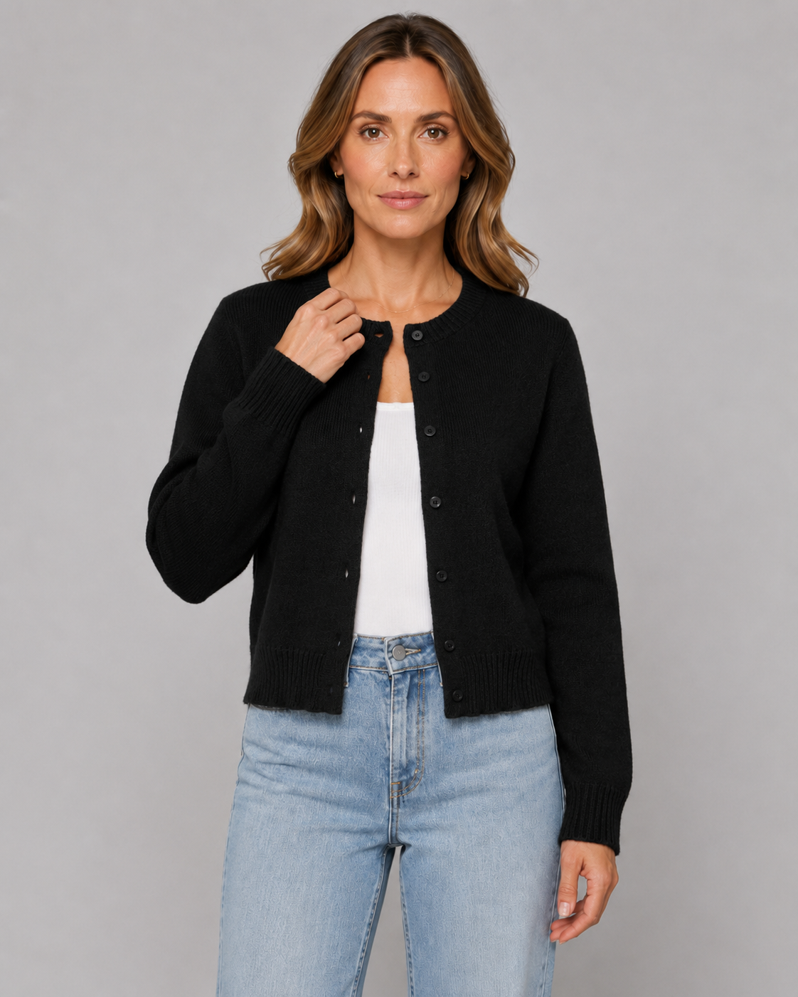 Women's Cropped Cardigan - Button Front Crew Neck Sweater