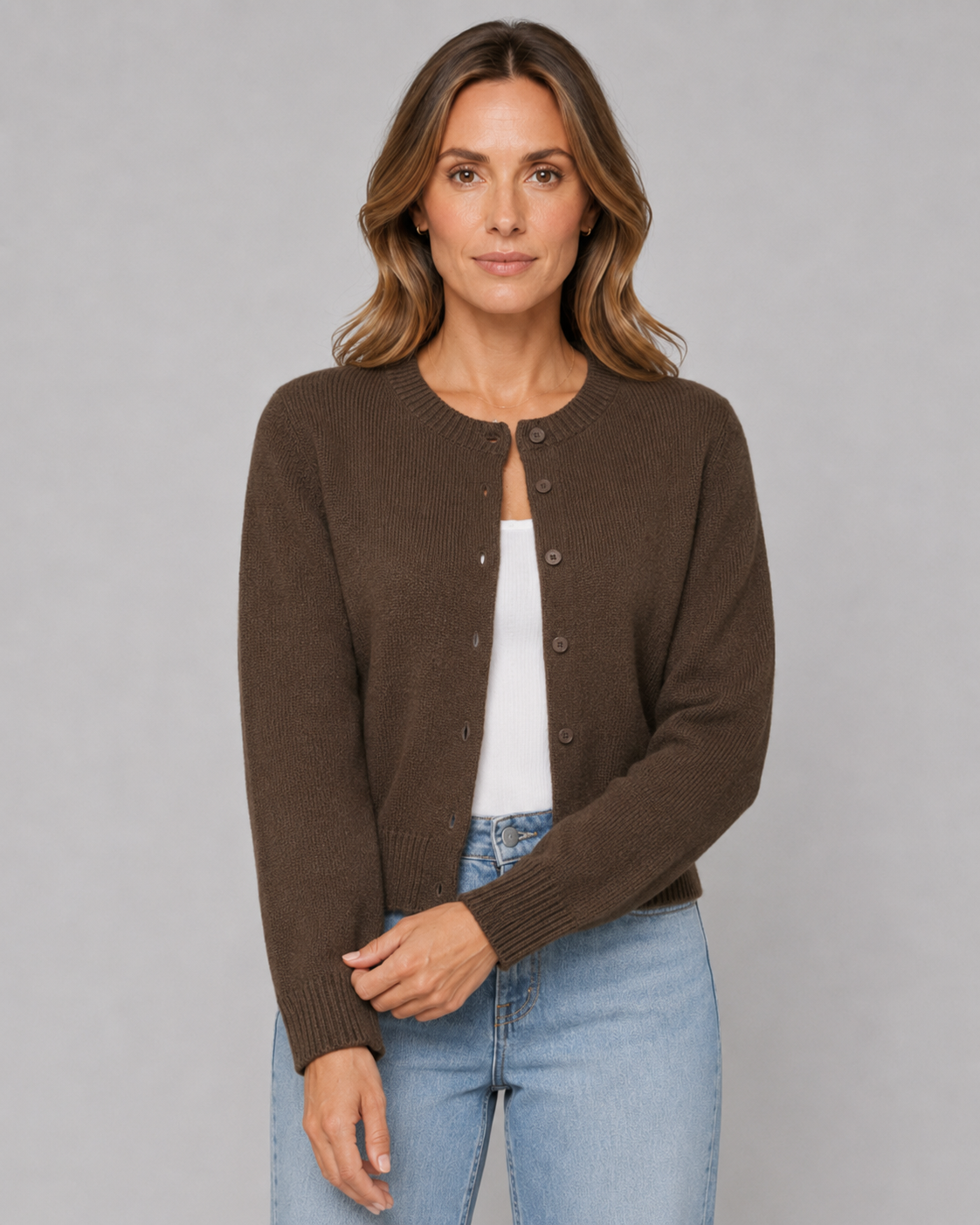 Women's Cropped Cardigan - Button Front Crew Neck Sweater