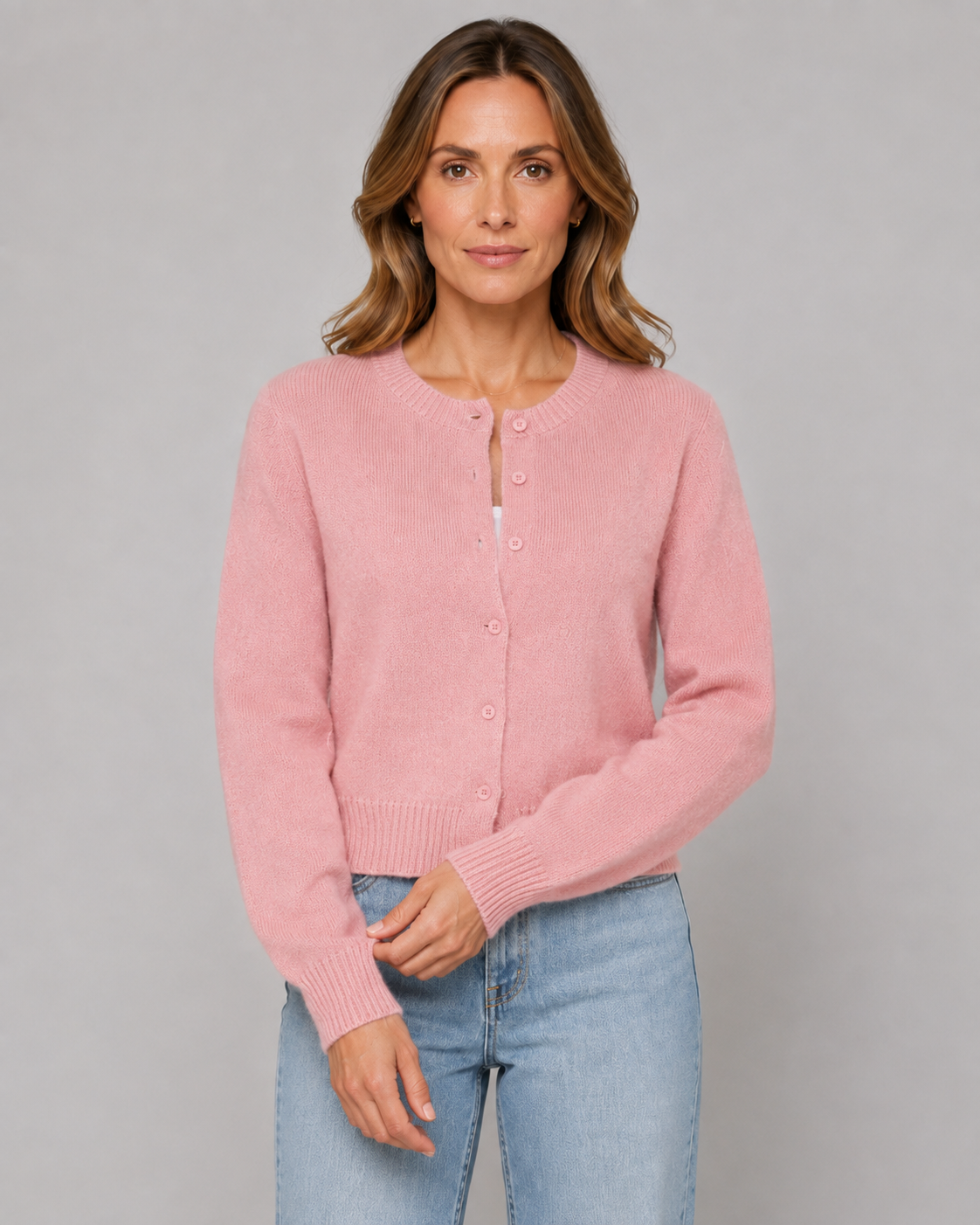 Women's Cropped Cardigan - Button Front Crew Neck Sweater