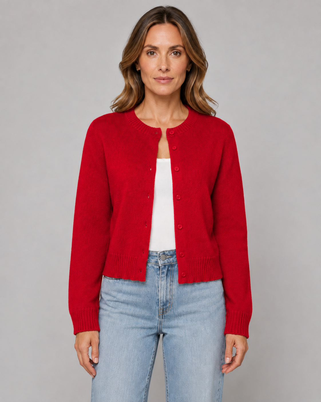 Women's Cropped Cardigan - Button Front Crew Neck Sweater