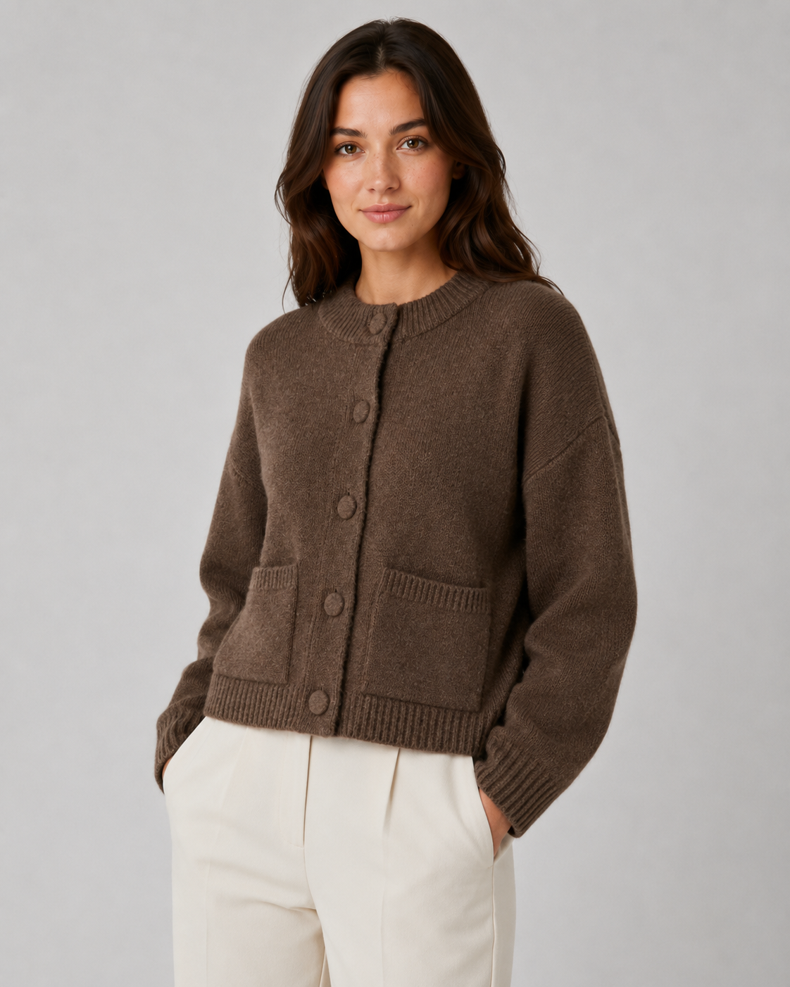 Women's Chunky Knit Cardigan - Cropped Button Front with Pockets