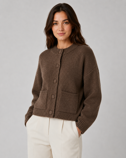 Women's Chunky Knit Cardigan - Cropped Button Front with Pockets